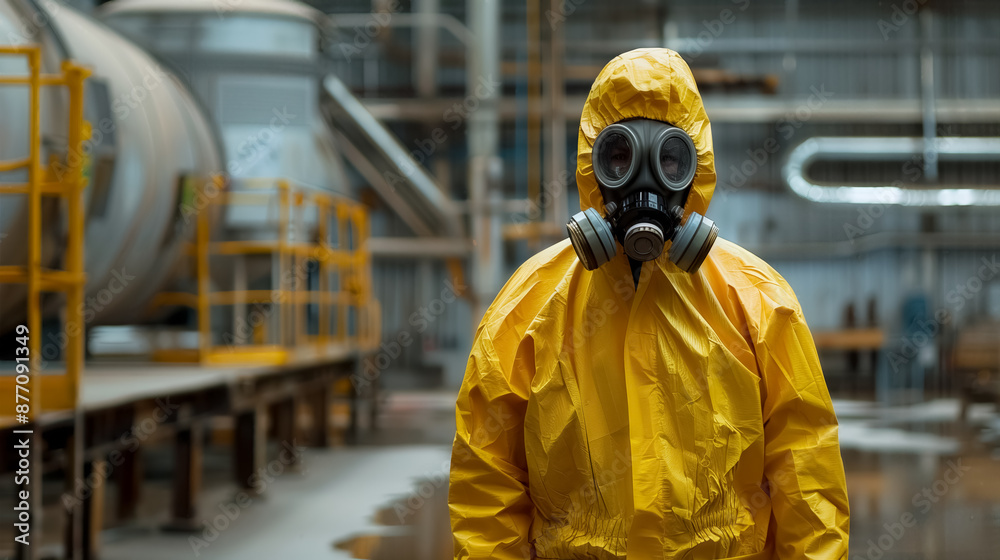 Person in full protective gear with gas mask standing in an industrial environment, emphasizing safety and hazard preparedness. Person in full protective gear with gas mask standing in an industrial environment, emphasizing safety and hazard preparedness.