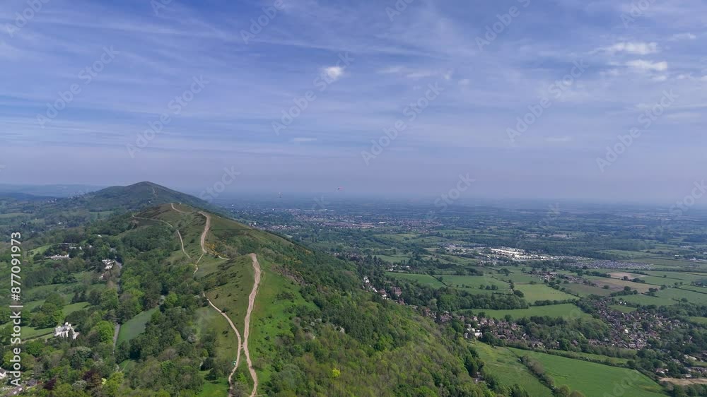 Aerial view of paragliders flying over the Malvern Hills in Worcestershire and Herefordshire,England Aerial view of paragliders flying over the Malvern Hills in Worcestershire and Herefordshire,England