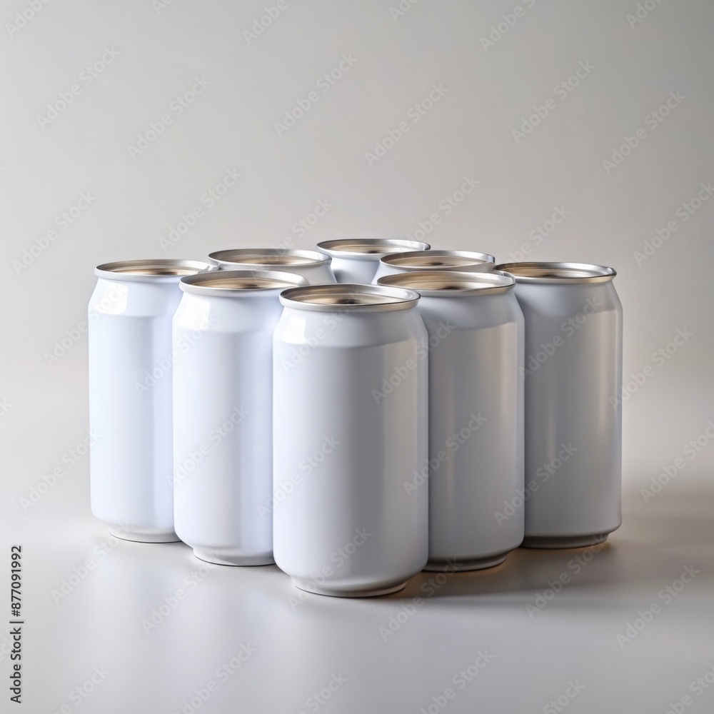 Group of white aluminum cans on light gray background with copy space Group of white aluminum cans on light gray background with copy space