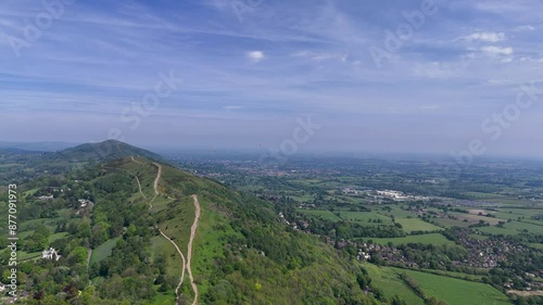 Aerial view of paragliders flying over the Malvern Hills in Worcestershire and Herefordshire,England