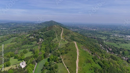 Aerial view of paragliders flying over the Malvern Hills in Worcestershire and Herefordshire,England photo