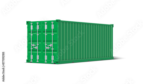 Cargo ship container vector mockup perspective view, green transportation freight storage with closed door lock latch