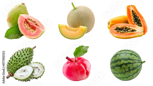 Set of tropical fruits with transparent background 