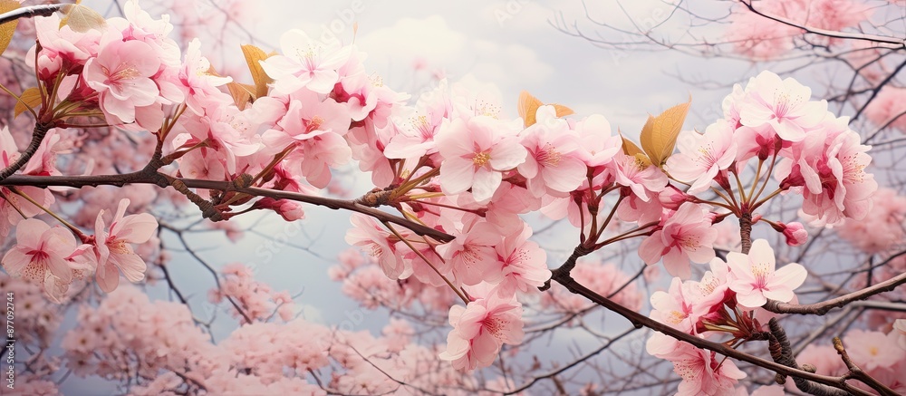 Spring blooms with pink flowers displayed on a tree in a copy space image.