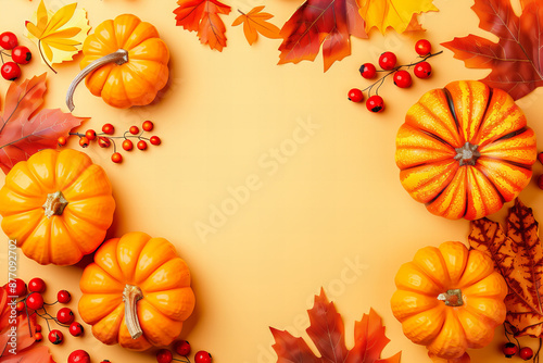 Vibrant Autumn Background with Copy Space Featuring Pumpkins and Leaves for Seasonal Design Projects