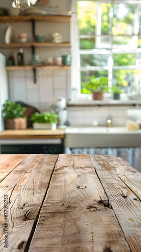 Sunlit Modern Kitchen with Wooden Table and Greenery
