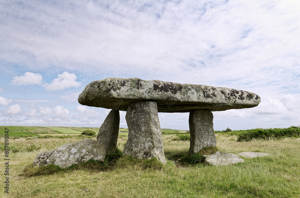 Lanyon Quoit reconstructed prehistoric dolmen megalithic chamber formed the north end of a long barrow. Near Morvah, Cornwall, England