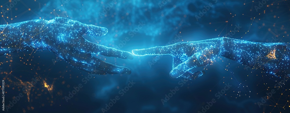 Digital Connection: Two Hands Reach Across a Network Digital Connection: Two Hands Reach Across a Network
