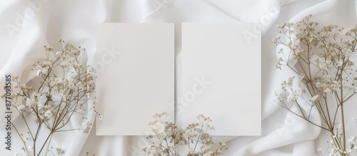 Mockup of blank wedding invitation card adorned with trendy dried gypsophila flowers on both front and back sides, featuring ample copy space image. photo