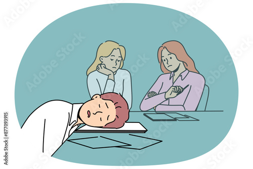 Lazy man sleeps on business meeting due to lack of ambition and motivation to work productively. Lazy guy and colleagues are sitting at table with documents in conference room waiting for boss to come
