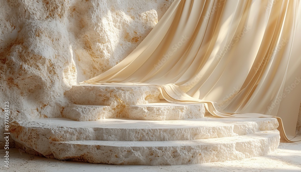 A white marble stone podium with hanging silk with a sunny natural background, an advertising mockup for product presentation. A white marble stone podium with hanging silk with a sunny natural background, an advertising mockup for product presentation.