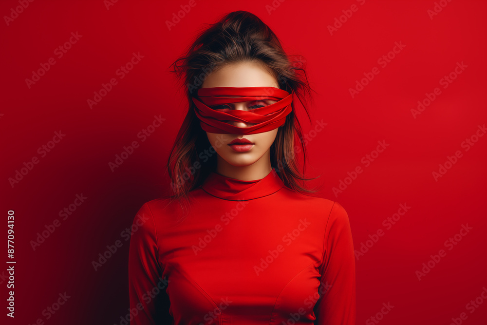 Blindfolded Woman in Red on Red Background. Generative AI Blindfolded Woman in Red on Red Background. Generative AI