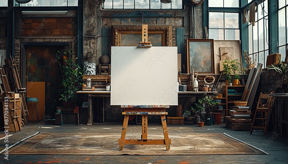 A large easel with a clean canvas in the interior of the studio A large easel with a clean canvas in the interior of the studio