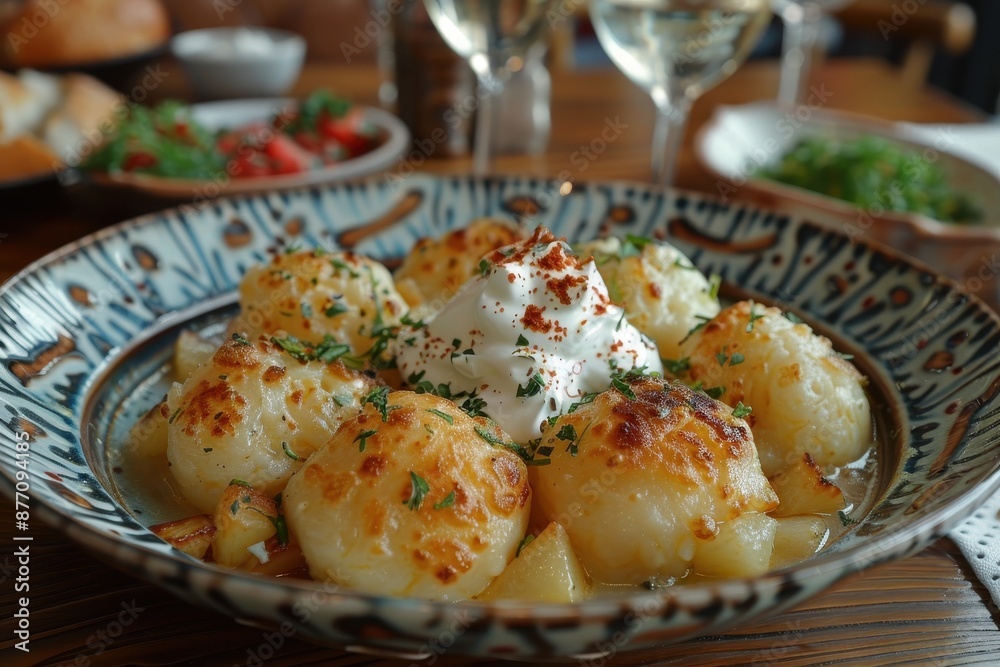 A dish of vareniki, Russian dumplings filled with potatoes and cheese, served with a side of sour cream. A dish of vareniki, Russian dumplings filled with potatoes and cheese, served with a side of sour cream.