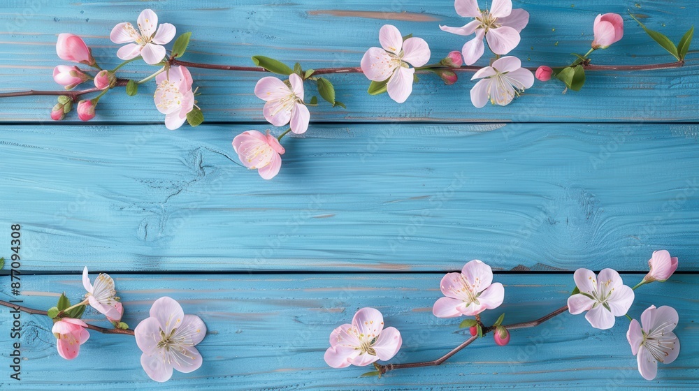 custom made wallpaper toronto digitalThis image features delicate cherry blossom branches spread out on a blue wooden surface, symbolizing the fleeting beauty of spring and the harmony of nature and art.