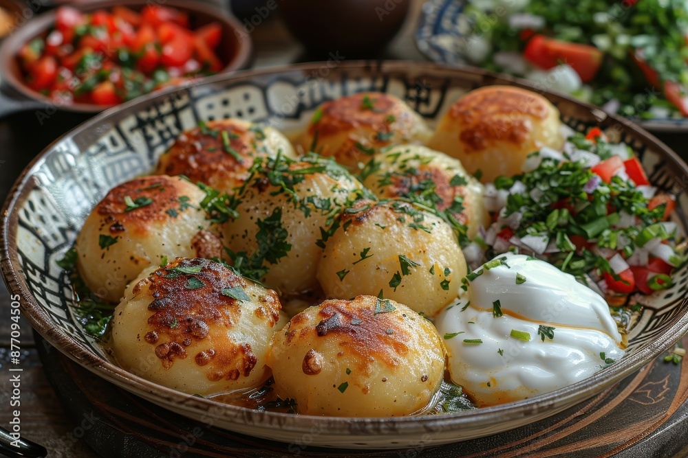 A dish of vareniki, Russian dumplings filled with potatoes and cheese, served with a side of sour cream. A dish of vareniki, Russian dumplings filled with potatoes and cheese, served with a side of sour cream.