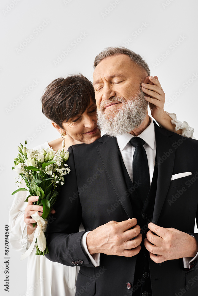 Middle-aged bride and groom in elegant wedding attire embrace each other on their special day in a studio setting. Middle-aged bride and groom in elegant wedding attire embrace each other on their special day in a studio setting.