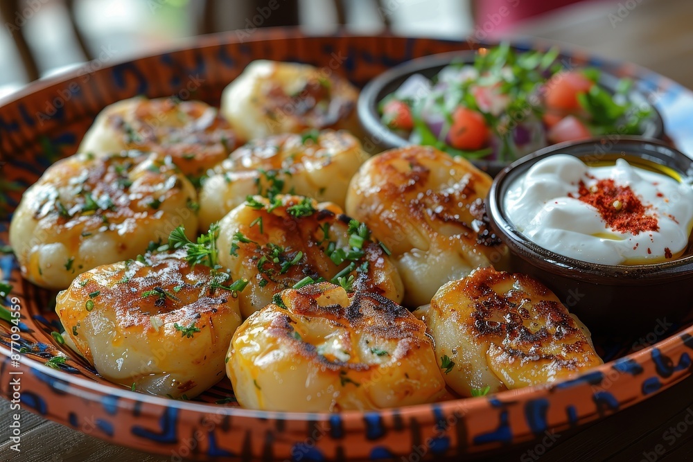 A dish of vareniki, Russian dumplings filled with potatoes and cheese, served with a side of sour cream. A dish of vareniki, Russian dumplings filled with potatoes and cheese, served with a side of sour cream.
