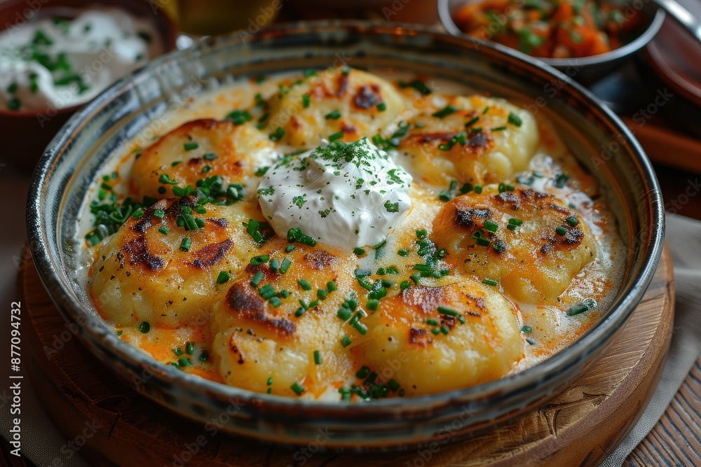 A dish of vareniki, Russian dumplings filled with potatoes and cheese, served with a side of sour cream. A dish of vareniki, Russian dumplings filled with potatoes and cheese, served with a side of sour cream.