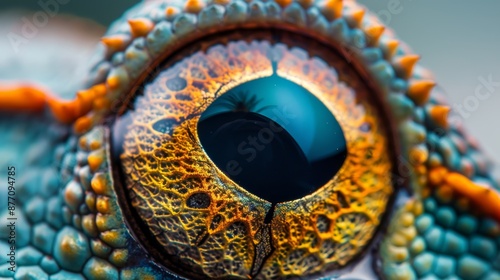  A tight shot of a lizard's vibrant eye, showcasing an iris with orange, blue, and yellow hues © Viktor