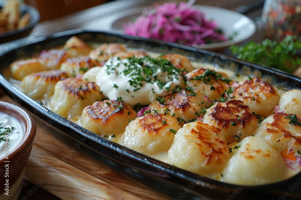 A dish of vareniki, Russian dumplings filled with potatoes and cheese, served with a side of sour cream. A dish of vareniki, Russian dumplings filled with potatoes and cheese, served with a side of sour cream.