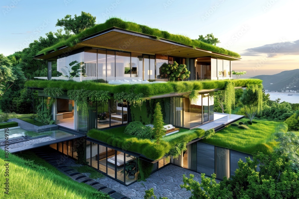 Modern house concept, with grass on the roof. Green home design Modern house concept, with grass on the roof. Green home design