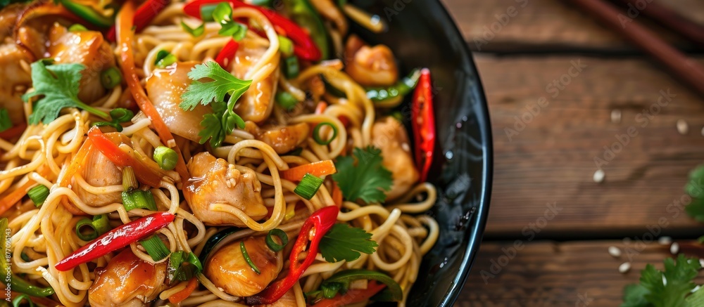 Close-up view of Asian food in a chicken wok noodle dish with ample copy space image. Close-up view of Asian food in a chicken wok noodle dish with ample copy space image.