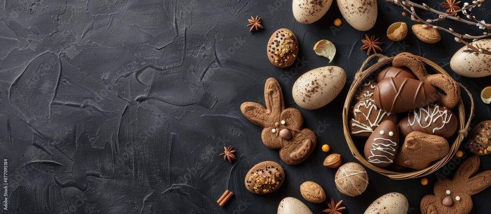 Popular Easter treats like chocolate eggs and bunny cookies placed on a black background in a top view layout with space for adding text or images. Popular Easter treats like chocolate eggs and bunny cookies placed on a black background in a top view layout with space for adding text or images.