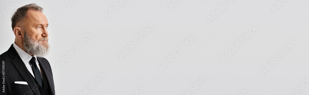 A middle-aged groom exudes confidence in an elegant suit and tie, standing in front of a white background on his wedding day. A middle-aged groom exudes confidence in an elegant suit and tie, standing in front of a white background on his wedding day.