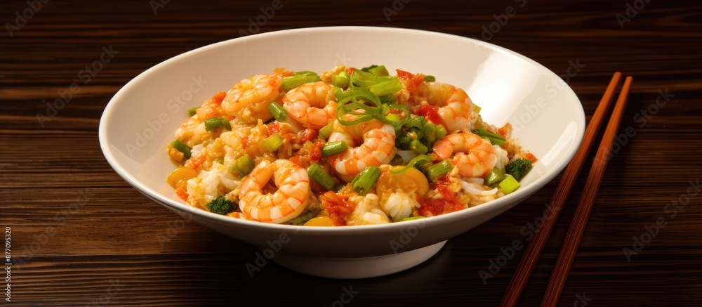 Egg stir-fried with shrimp and bitter melon in Chinese cuisine, shown in a photo with available space for text, called a copy space image. Egg stir-fried with shrimp and bitter melon in Chinese cuisine, shown in a photo with available space for text, called a copy space image.