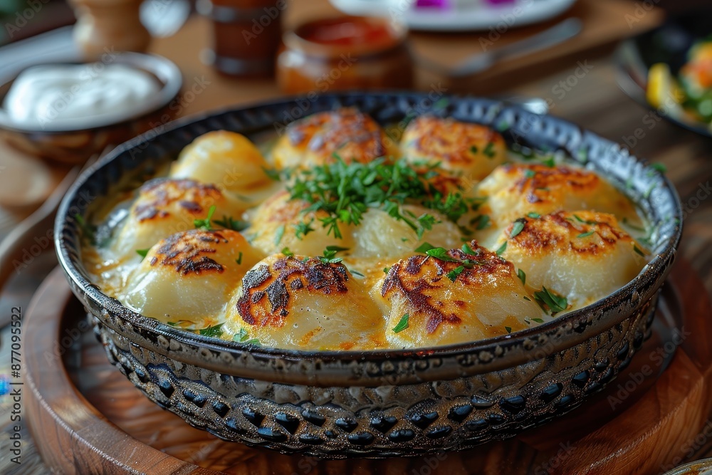 A dish of vareniki, Russian dumplings filled with potatoes and cheese, served with a side of sour cream.