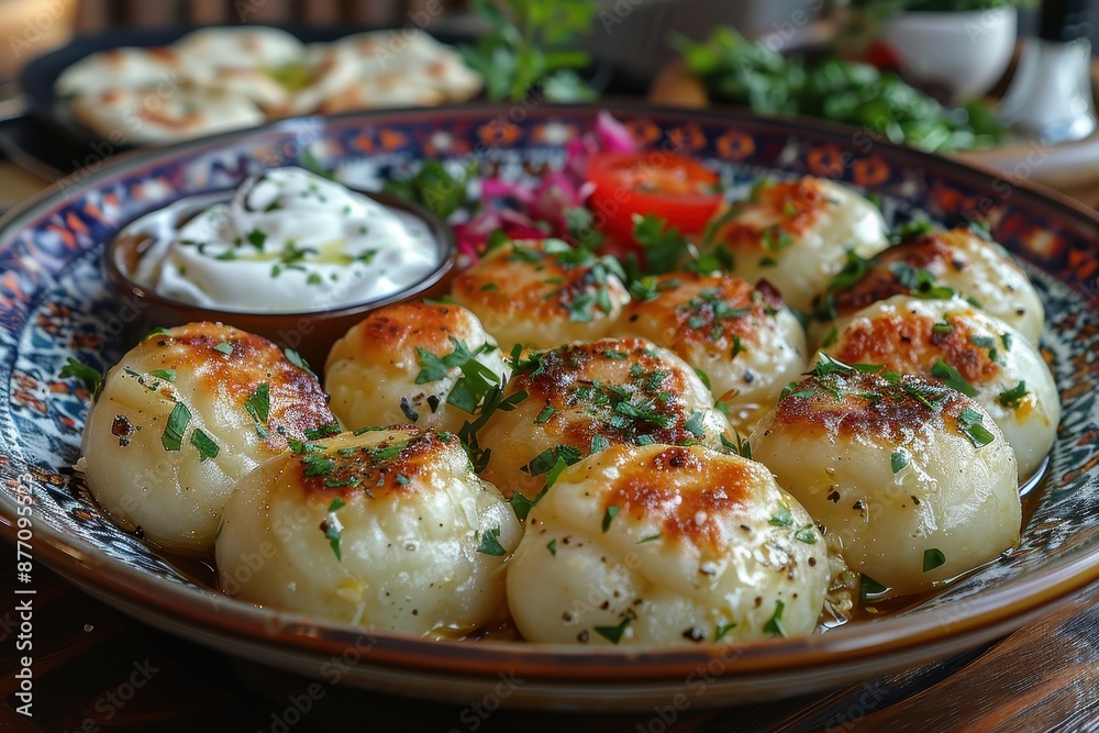 A dish of vareniki, Russian dumplings filled with potatoes and cheese, served with a side of sour cream. A dish of vareniki, Russian dumplings filled with potatoes and cheese, served with a side of sour cream.