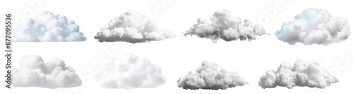 Set of white fluffy clouds, rendered in a realistic style, are isolated on a white background. The clouds are arranged in two rows of four, with each cloud appearing to be floating in the sky photo