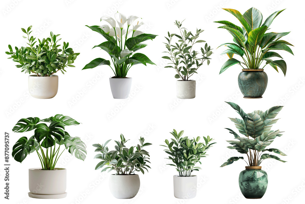 A variety of indoor plants are displayed in white and green pots, set against a plain white background. The plants include a peace lily, a monstera, a ficus, and others A variety of indoor plants are displayed in white and green pots, set against a plain white background. The plants include a peace lily, a monstera, a ficus, and others