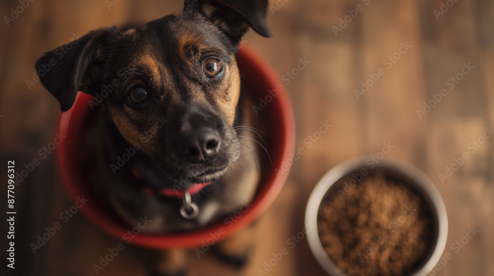 Dog sits in food bowl Dog sits in food bowl