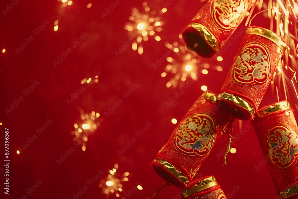 Traditional Chinese Red Firecrackers on Festive Background Traditional Chinese Red Firecrackers on Festive Background