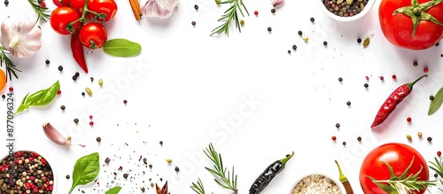 Fototapeta Naklejka Na Ścianę i Meble -  Top view background of spices, herbs, and organic vegetables for cooking on a white backdrop with copy space image.