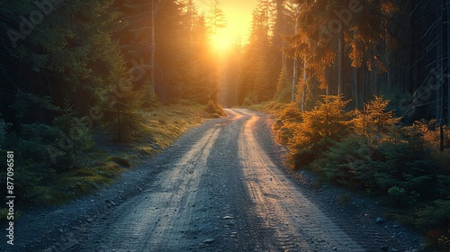Dirt road deep in the forest A sunset. Creative banner. Copyspace image
