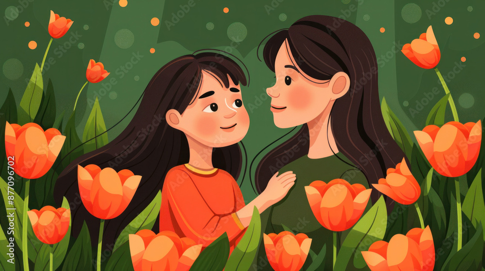 A woman and a child are hugging in a field of flowers. The woman is wearing a green shirt and the child is wearing an orange shirt A woman and a child are hugging in a field of flowers. The woman is wearing a green shirt and the child is wearing an orange shirt