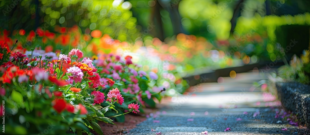Fototapeta premium Enjoy a tranquil garden walk amidst blooming flowers with a relaxing natural backdrop, featuring a serene copy space image and a selective focus.
