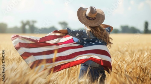 A woman, cloaked in an American flag and wearing a straw hat, stands in a golden wheat field, symbolizing freedom and patriotism amidst the summer sunshine and open landscape. photo