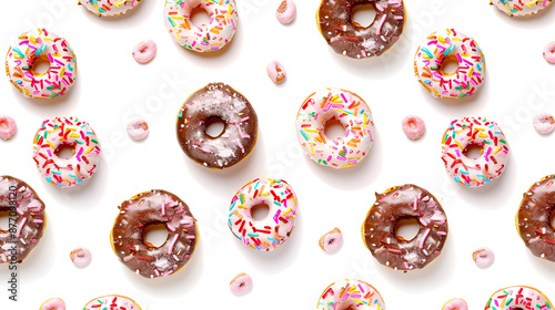 Seamless Pattern with different types of colorful donuts on white background. Photo of donuts in flat lay aerial view. Photo of various donuts with glaze and frosting in flat lay aerial view