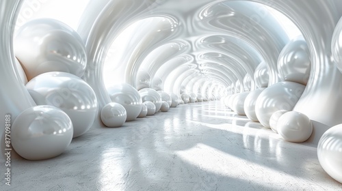 An elegantly designed tunnel space filled with glossy white spheres that create a sense of fluidity and motion, showcasing a blend of modernity and artistic expression.