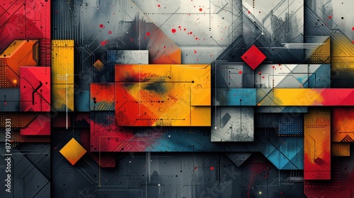 A stunning piece of abstract art featuring vivid geometric shapes and contrasting colors, creating a dynamic visual experience with an interplay of form and structure. photo
