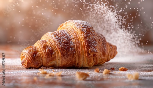A freshly baked croissant is dusted with sprinkles of sugar, capturing a moment of culinary delight