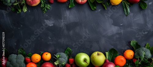 Fototapeta Naklejka Na Ścianę i Meble -  Fresh, nutritious fruits and vegetables displayed on a chalkboard with copy space image.
