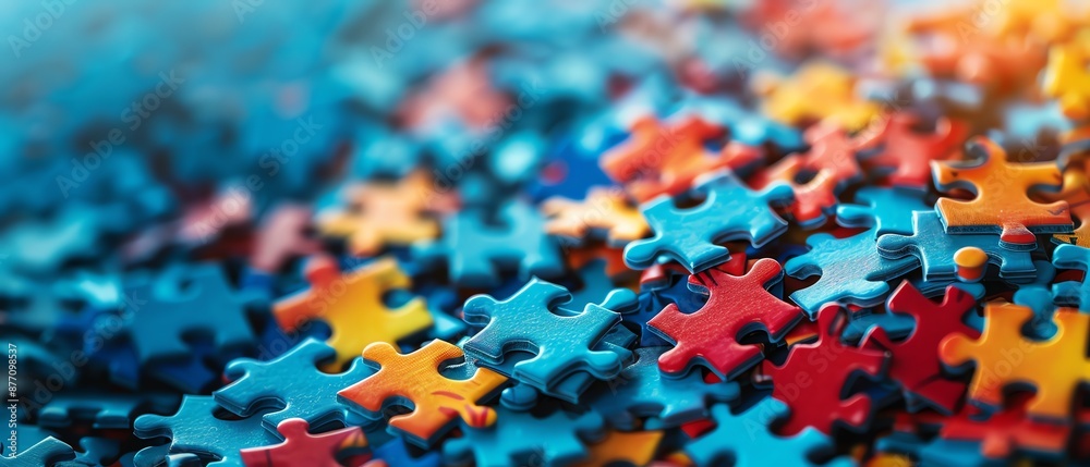 custom made wallpaper toronto digitalA multitude of colorful jigsaw puzzle pieces scattered on a vibrant blue background, representing problemsolving and complexity