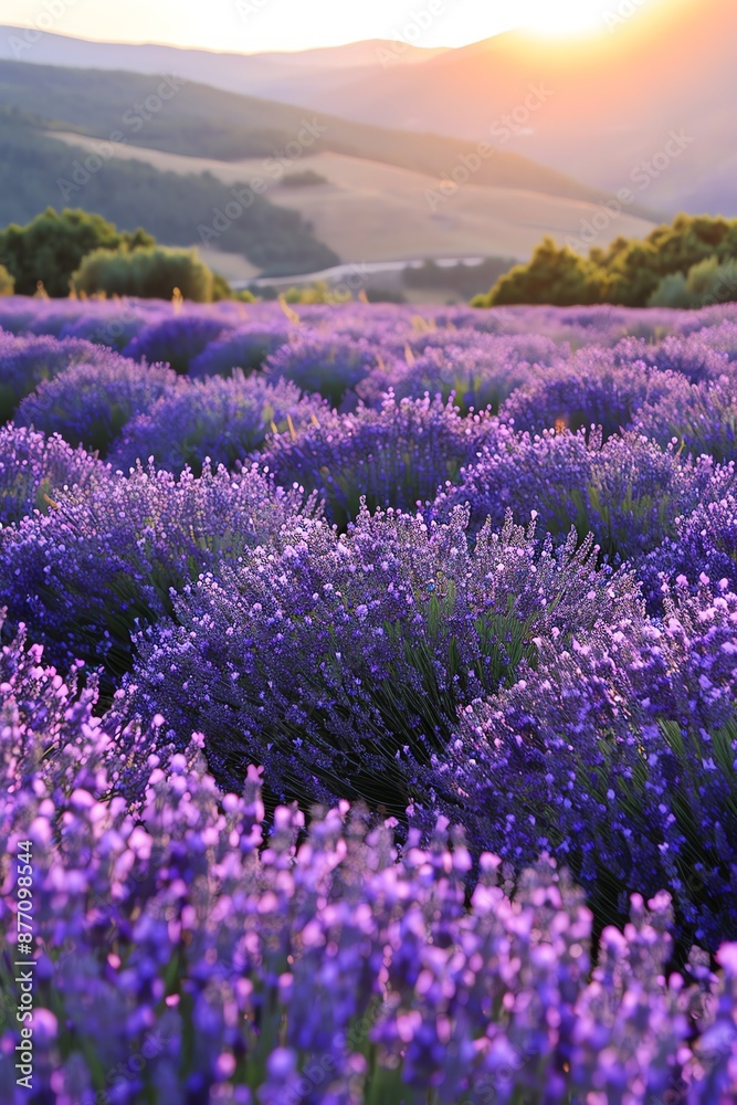 Obraz premium A panoramic view of a captivating lavender field in full bloom, highlighted by a soft purple hue and sunlight