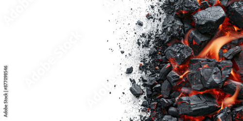 Close-up image of burning charcoal against a white background. The hot coals glow red and orange, with flames visible amongst the black charcoal