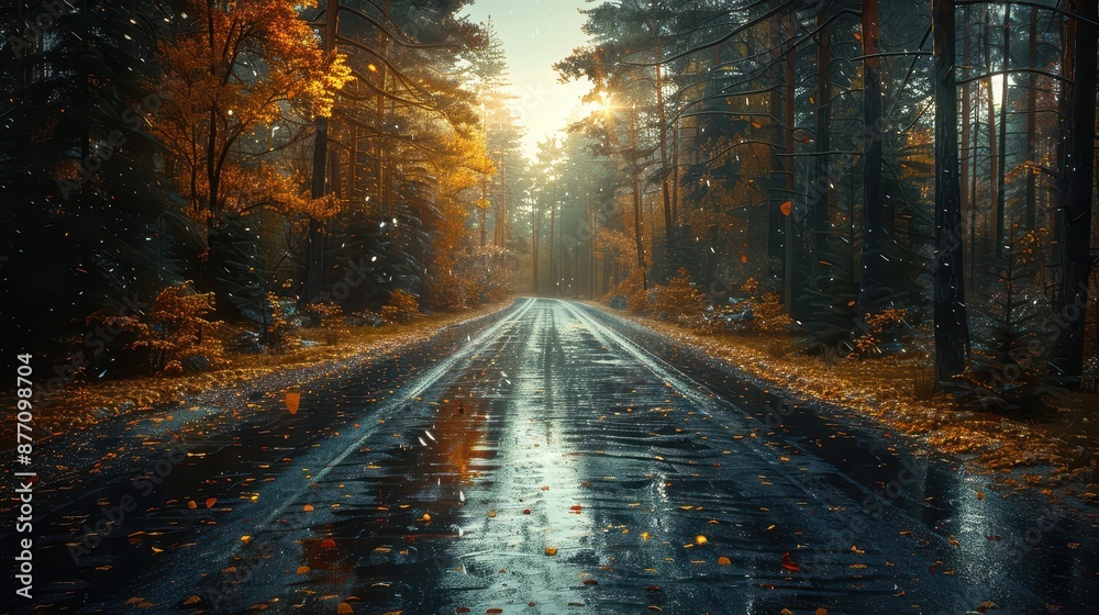 Obraz premium A scenic road in a forest with autumn foliage, wet from rain, capturing the serene beauty of fall colors and the tranquil ambiance of nature.